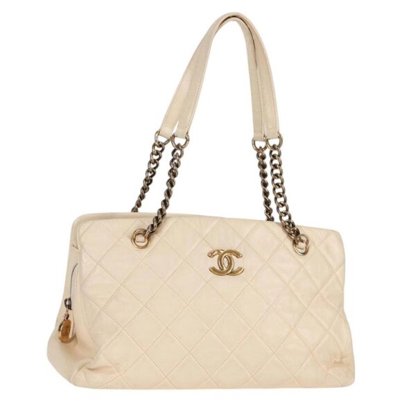 CHANEL Matelasse Chain Shoulder Bag Leather Beige Gold - Picture 1 of 16